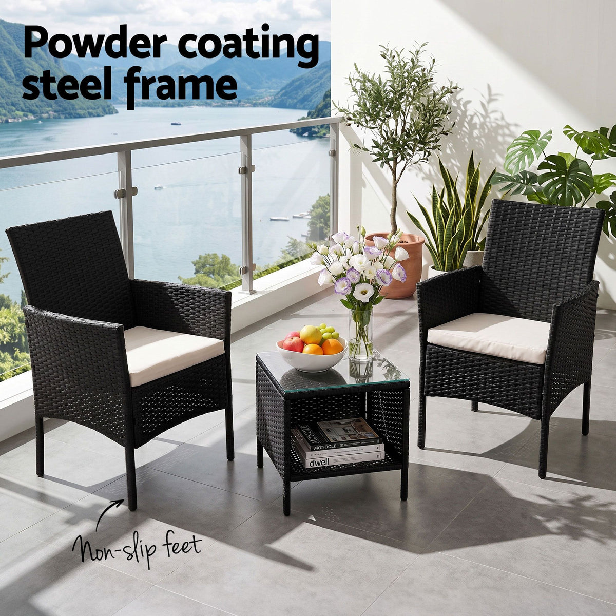 Gardeon 3 Piece Wicker Outdoor Furniture Set - Black Gardeon
