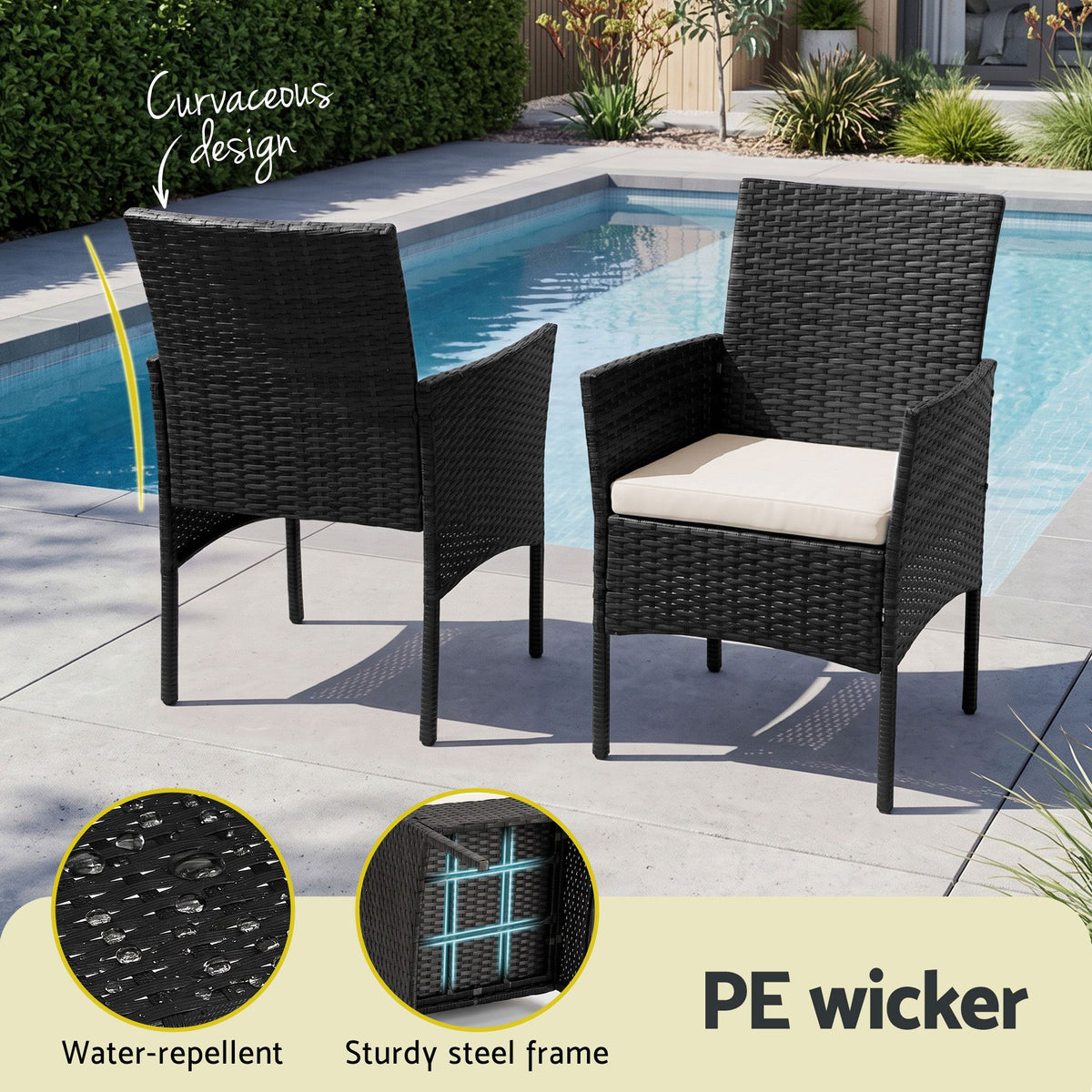 Gardeon 3 Piece Wicker Outdoor Furniture Set - Black Gardeon