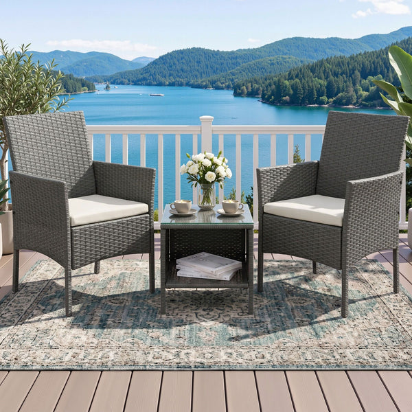3 Piece Wicker Outdoor Chair Side Table Furniture Set - Grey Gardeon