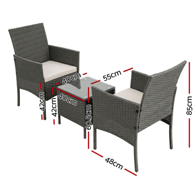 3 Piece Wicker Outdoor Chair Side Table Furniture Set - Grey