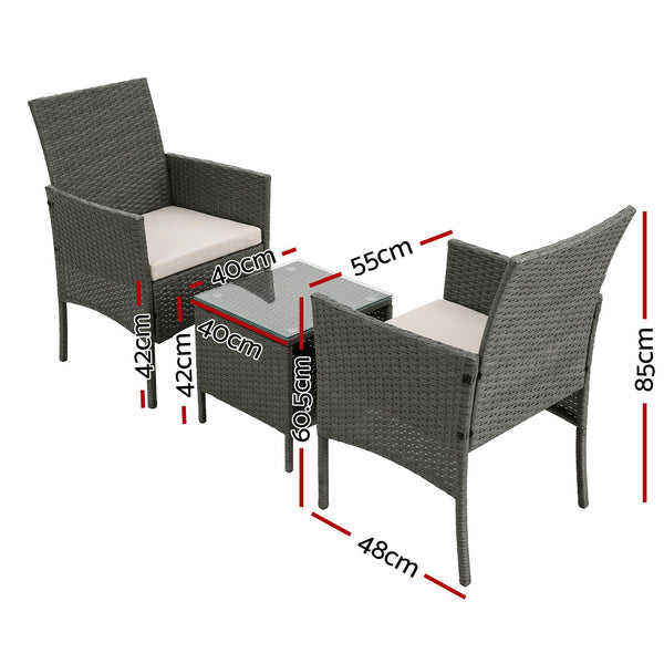 3 Piece Wicker Outdoor Chair Side Table Furniture Set - Grey Gardeon