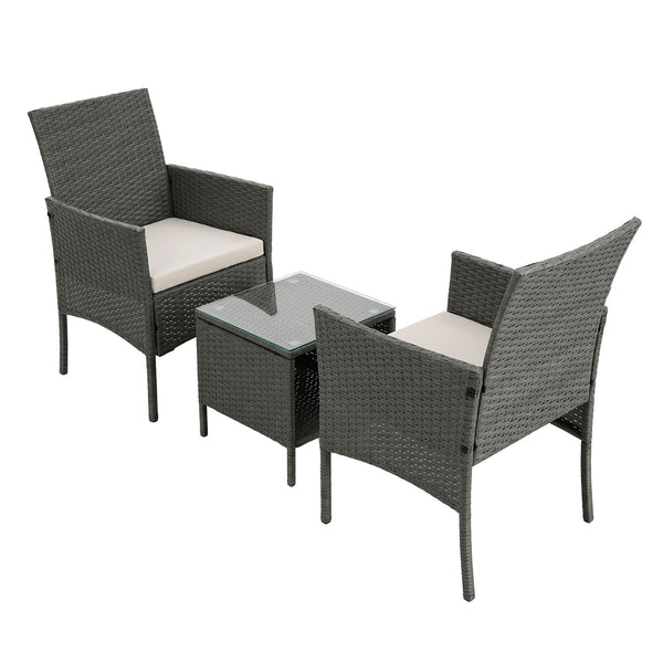 3 Piece Wicker Outdoor Chair Side Table Furniture Set - Grey Gardeon