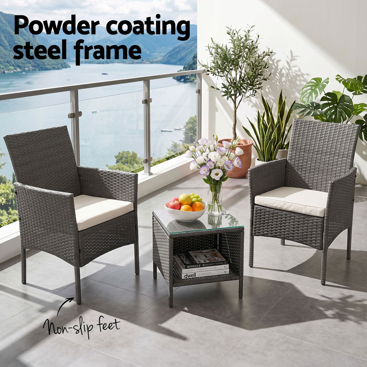 3 Piece Wicker Outdoor Chair Side Table Furniture Set - Grey Gardeon