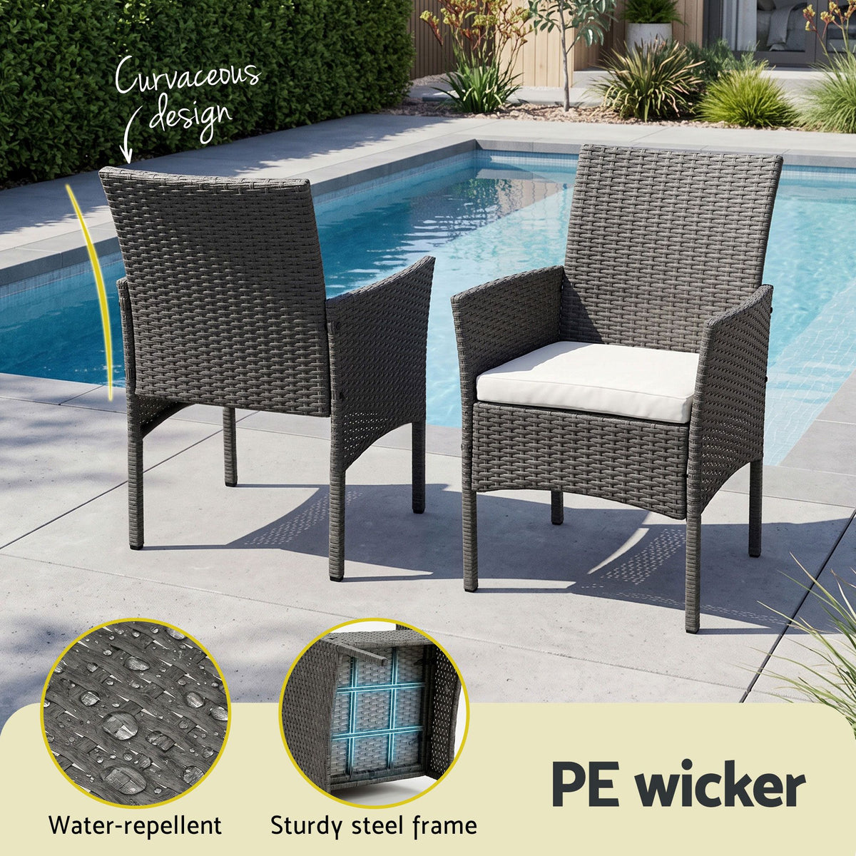 3 Piece Wicker Outdoor Chair Side Table Furniture Set - Grey Gardeon