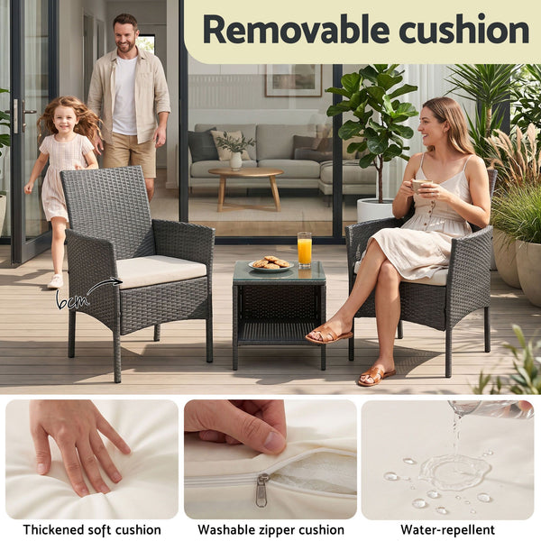 3 Piece Wicker Outdoor Chair Side Table Furniture Set - Grey Gardeon