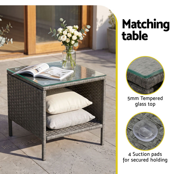 3 Piece Wicker Outdoor Chair Side Table Furniture Set - Grey Gardeon