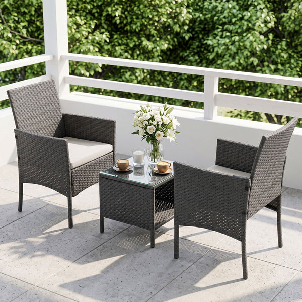 3 Piece Wicker Outdoor Chair Side Table Furniture Set - Grey Gardeon