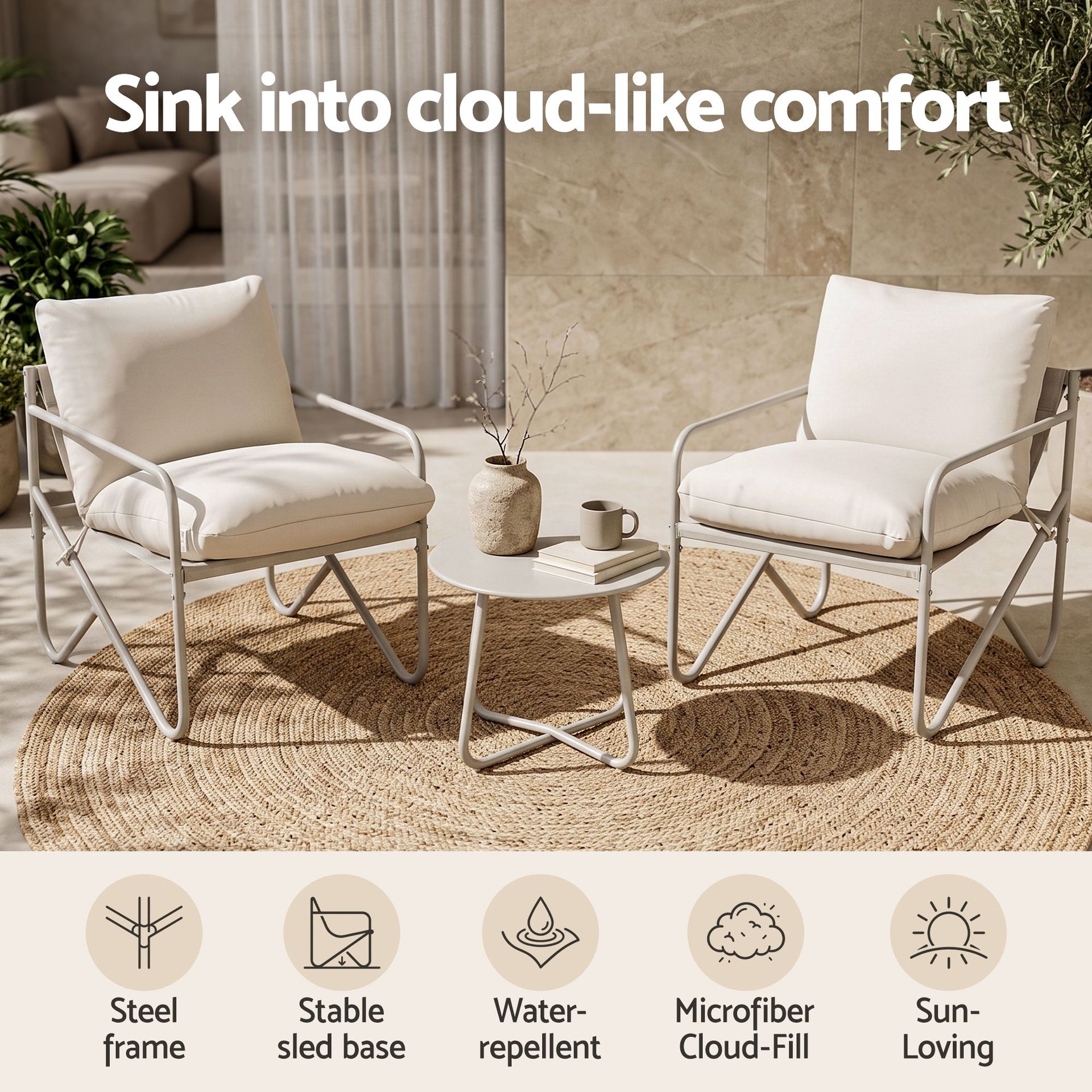 Gardeon Outdoor Bistro Set 3 Piece Patio Furniture Conversation Table and Chairs Khaki Awezingly
