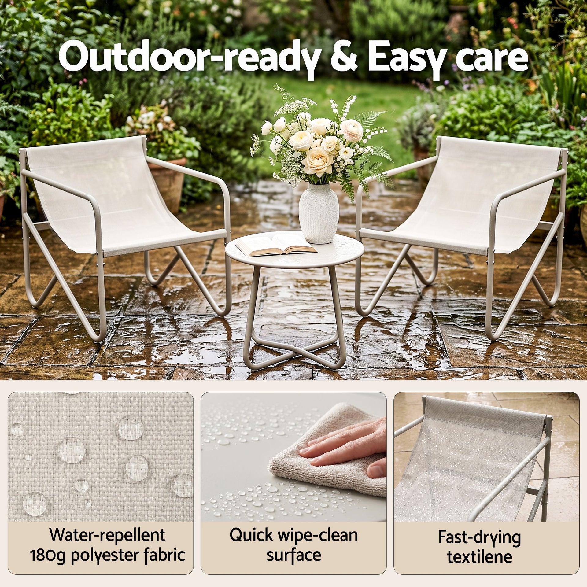 Gardeon Outdoor Bistro Set 3 Piece Patio Furniture Conversation Table and Chairs Khaki Awezingly