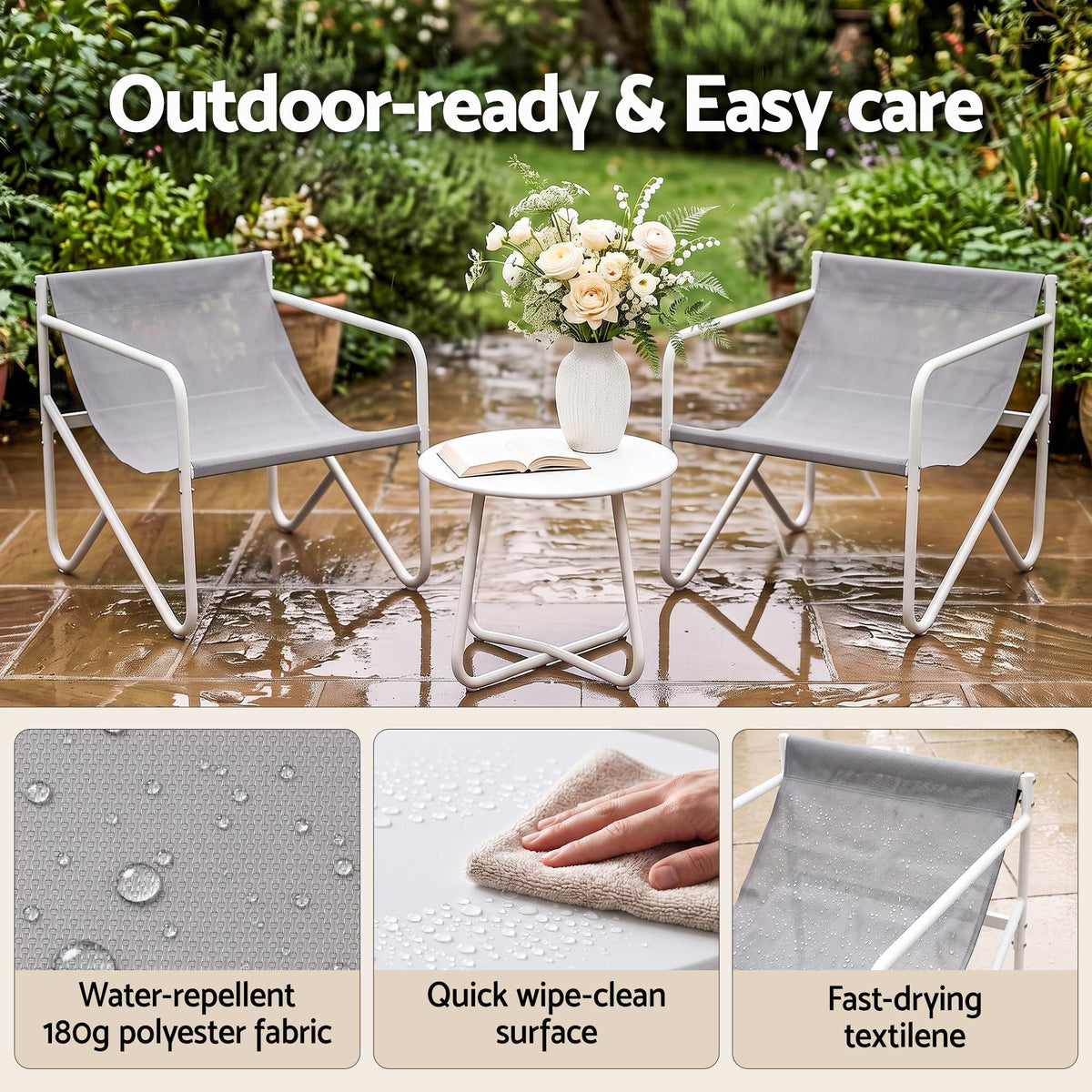 Gardeon Outdoor Bistro Set 3 Piece Patio Furniture Conversation Table and Chairs Grey Awezingly