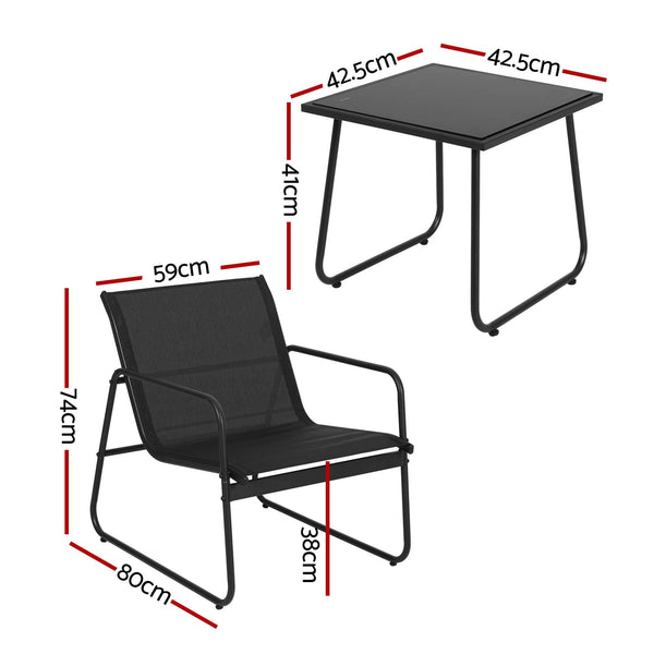 Gardeon Outdoor Bistro Set 3 Piece Patio Furniture Textilene Chairs Glass Table Awezingly