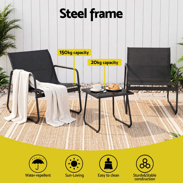 Gardeon Outdoor Bistro Set 3 Piece Patio Furniture Textilene Chairs Glass Table Awezingly