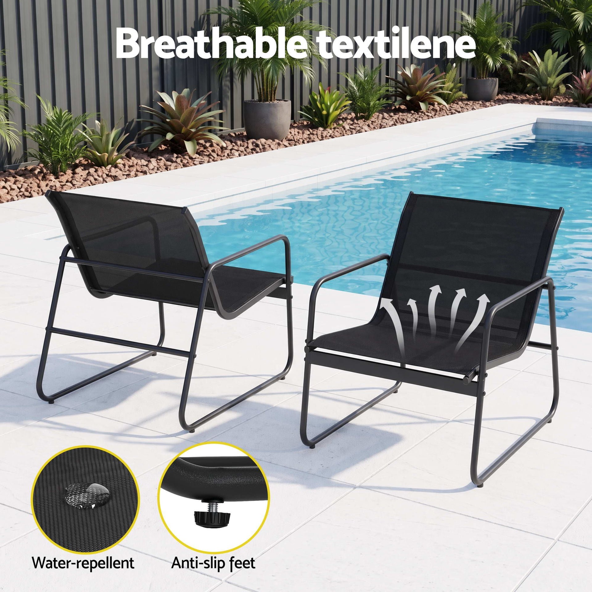 Gardeon Outdoor Bistro Set 3 Piece Patio Furniture Textilene Chairs Glass Table Awezingly