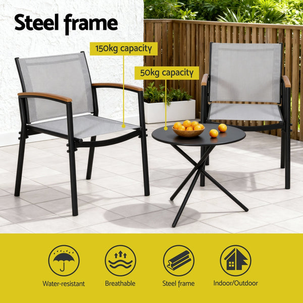 Gardeon 3PC Outdoor Bistro Set Table and Chairs Steel Dining Chair Patio Furniture Textilene Gardeon