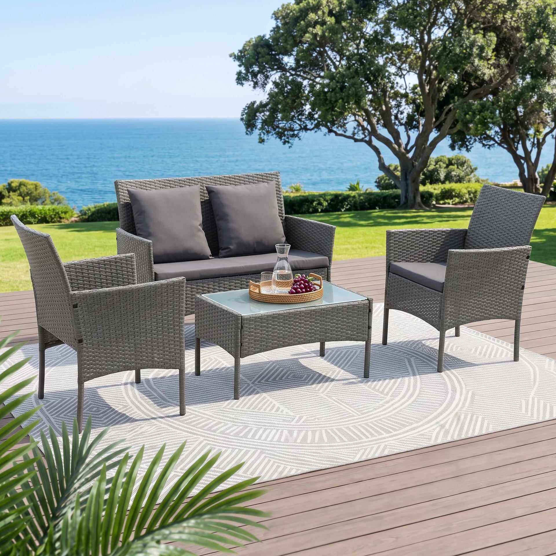 Gardeon 4-Piece Outdoor Sofa Set Rattan Furniture with Two Pillows Grey Awezingly
