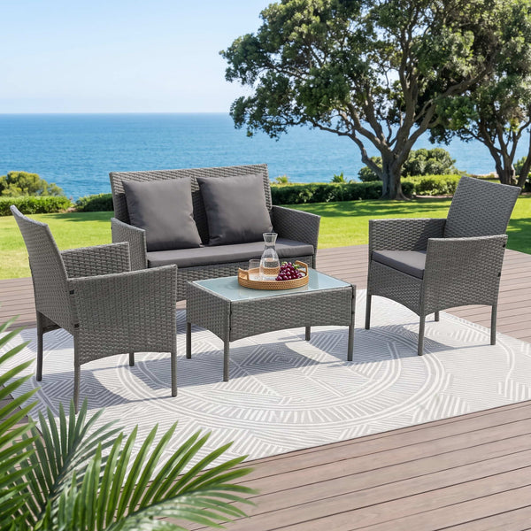 Gardeon 4-Piece Outdoor Sofa Set Rattan Furniture with Two Pillows Grey Awezingly