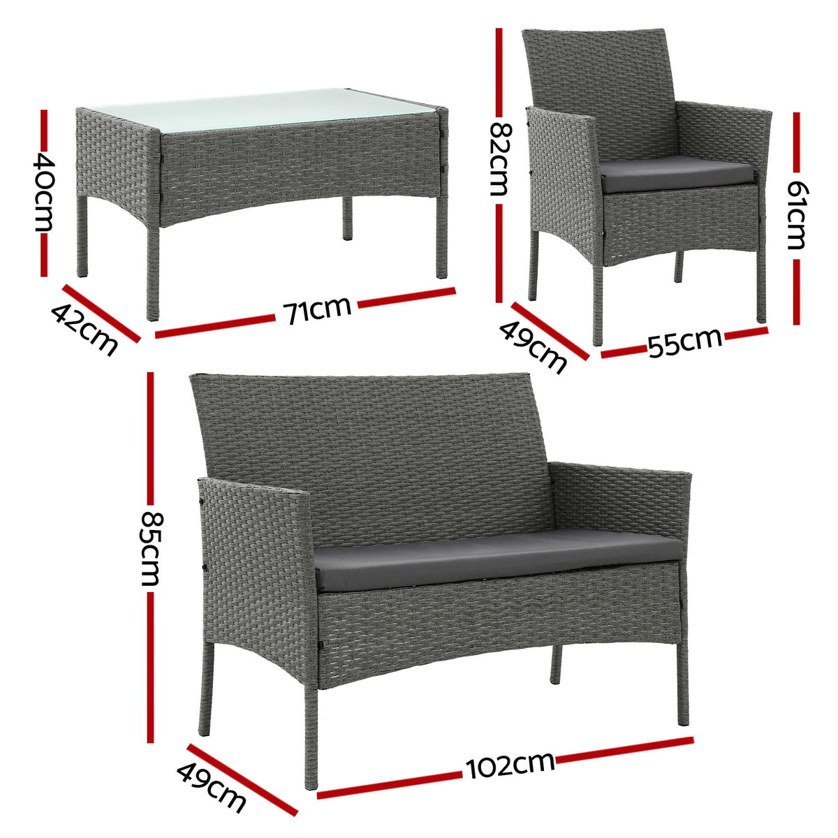 Gardeon 4-Piece Outdoor Sofa Set Rattan Furniture with Two Pillows Grey Awezingly