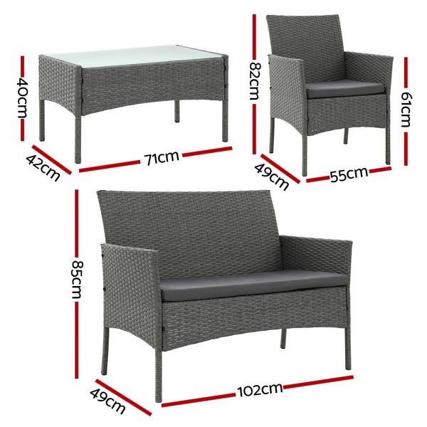 Gardeon 4-Piece Outdoor Sofa Set Rattan Furniture with Two Pillows Grey Awezingly