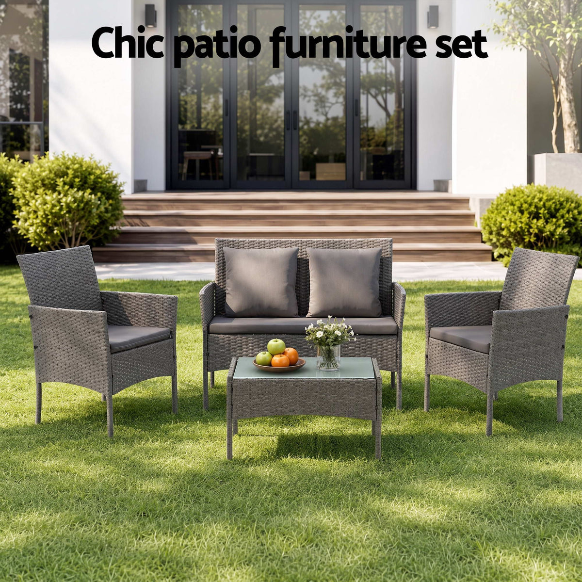 Gardeon 4-Piece Outdoor Sofa Set Rattan Furniture with Two Pillows Grey Awezingly