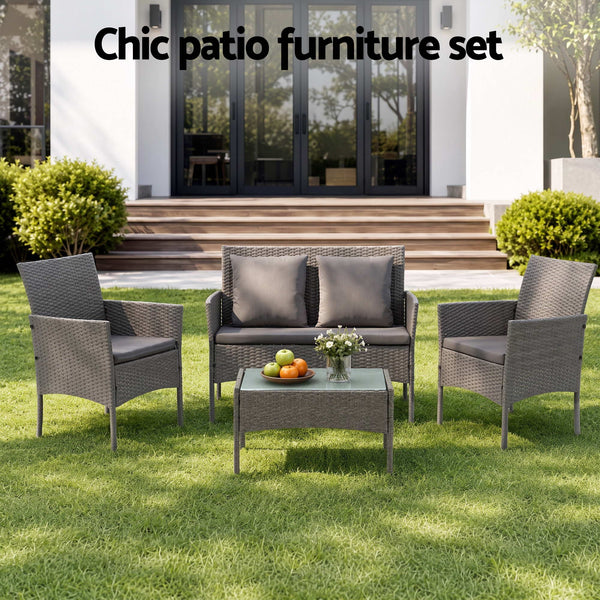 Gardeon 4-Piece Outdoor Sofa Set Rattan Furniture with Two Pillows Grey Awezingly