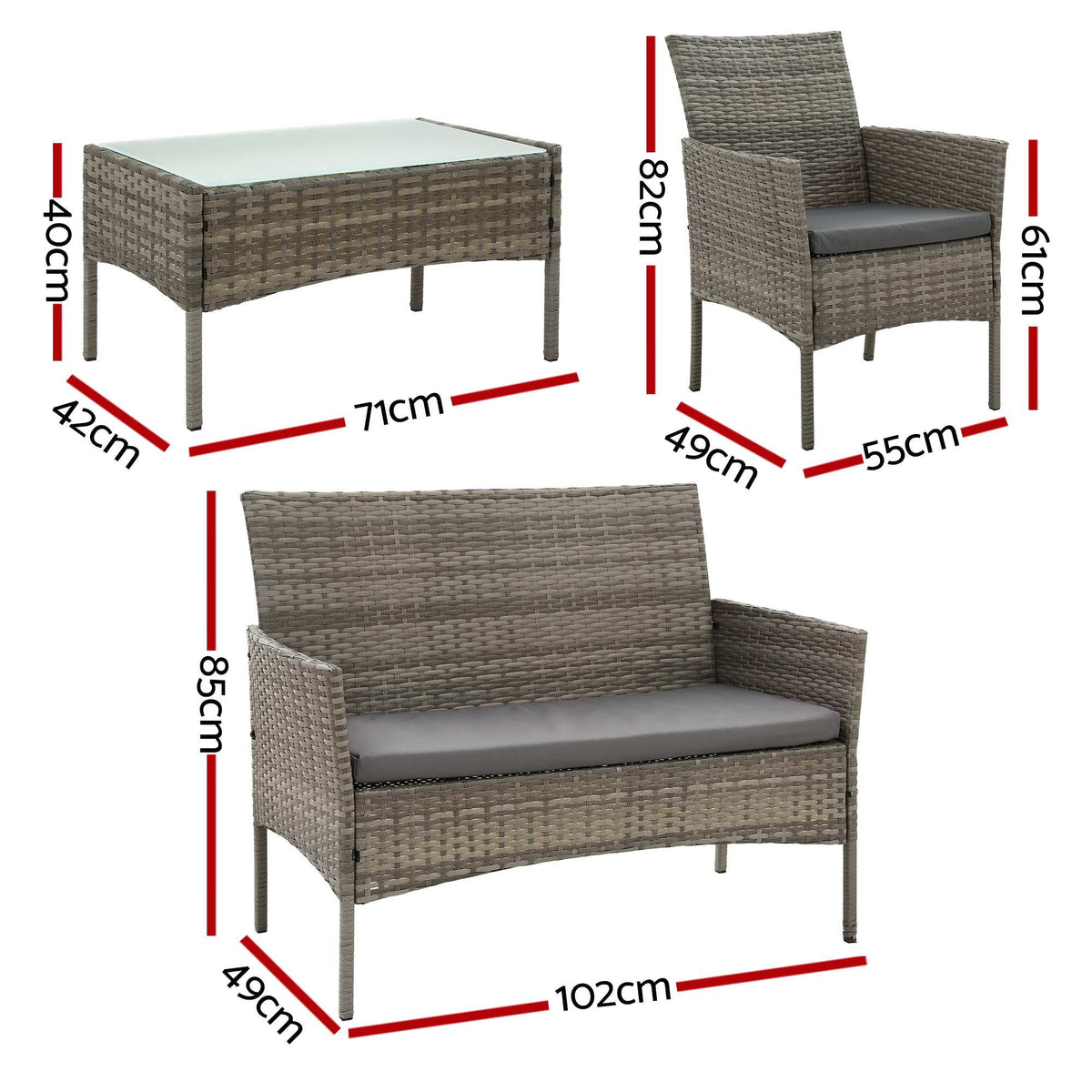 Gardeon 4-Piece Outdoor Sofa Set with Two Pillows Rattan Furniture Grey Awezingly