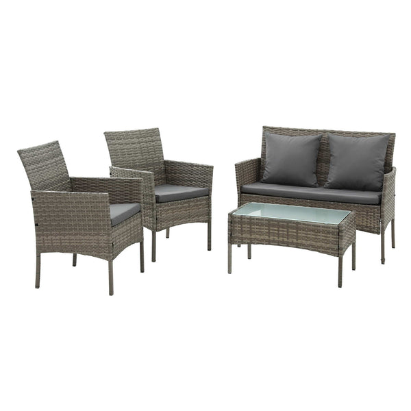 Gardeon 4-Piece Outdoor Sofa Set with Two Pillows Rattan Furniture Grey Awezingly