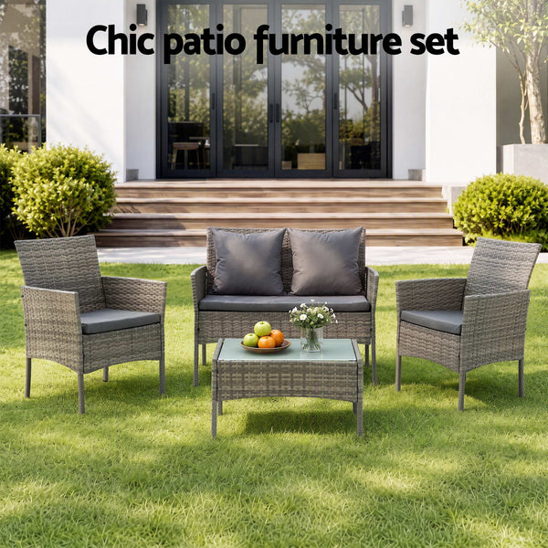 Gardeon 4-Piece Outdoor Sofa Set with Two Pillows Rattan Furniture Grey Awezingly