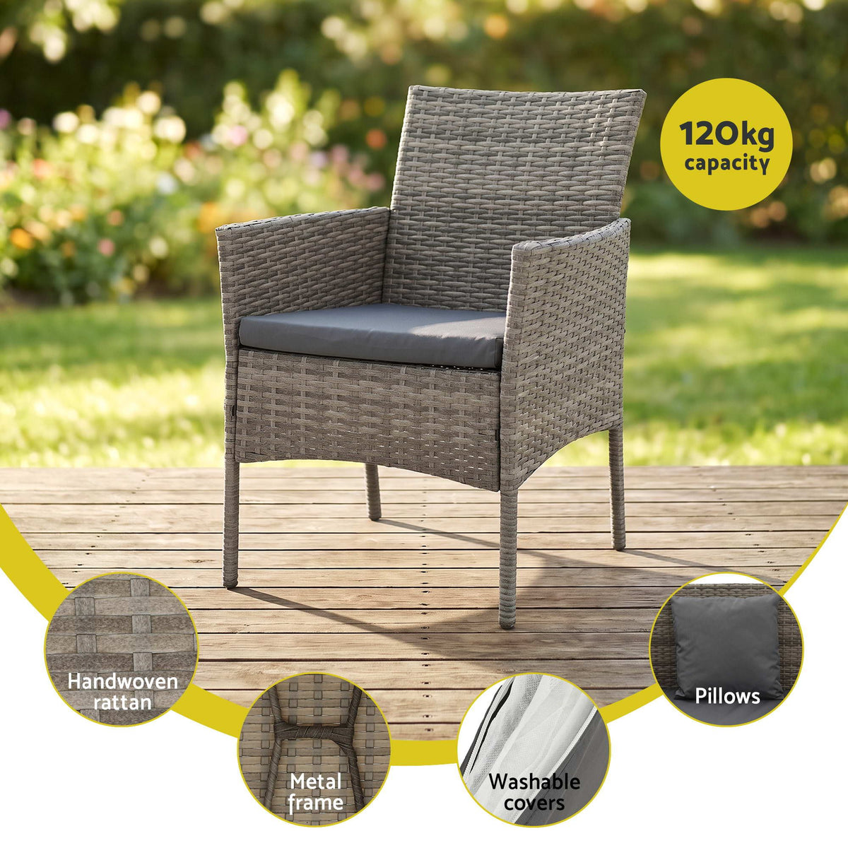 Gardeon 4-Piece Outdoor Sofa Set with Two Pillows Rattan Furniture Grey Awezingly
