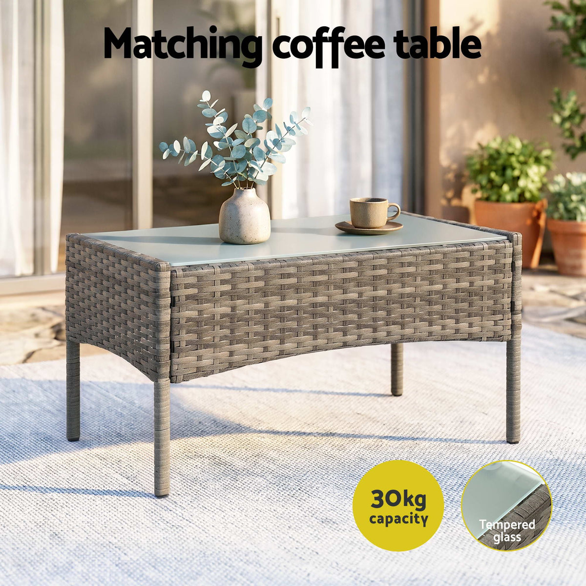 Gardeon 4-Piece Outdoor Sofa Set with Two Pillows Rattan Furniture Grey Awezingly
