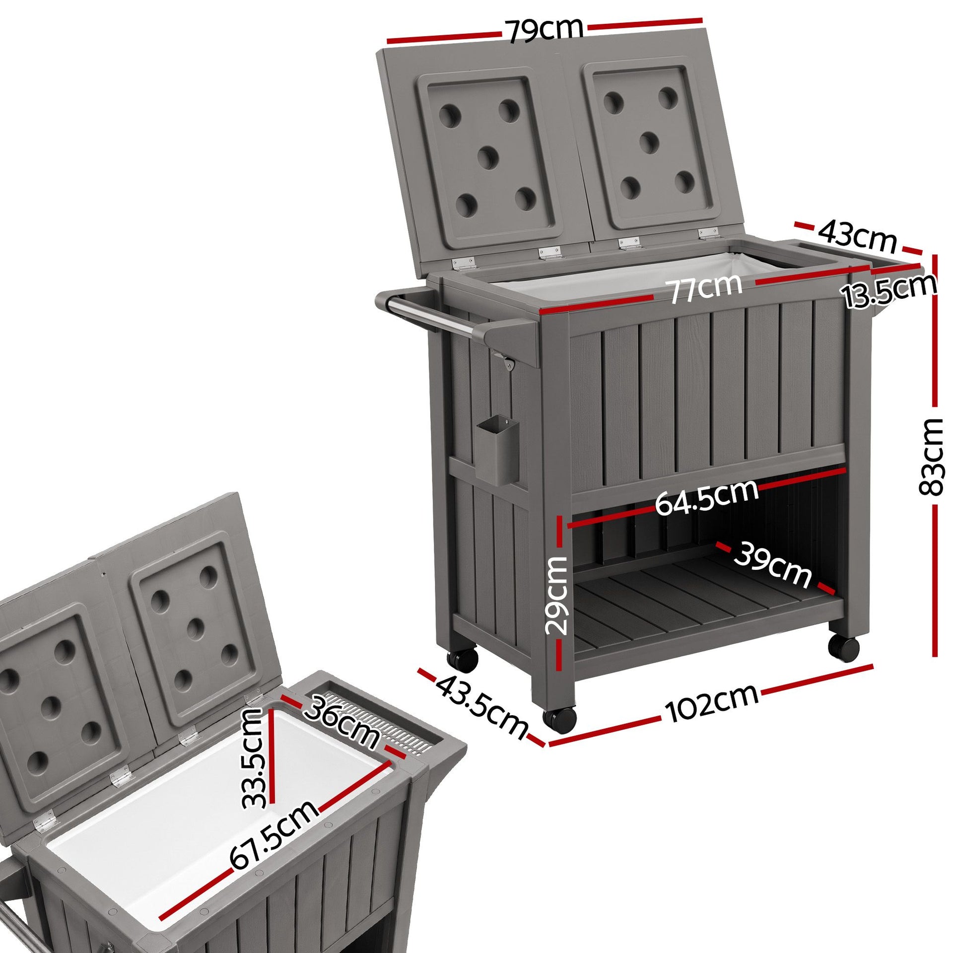 Gardeon Outdoor Storage Cabinet Box 80L Ice Bucket Cooler Rolling Serving Cart Kitchen Trolley Brown Awezingly