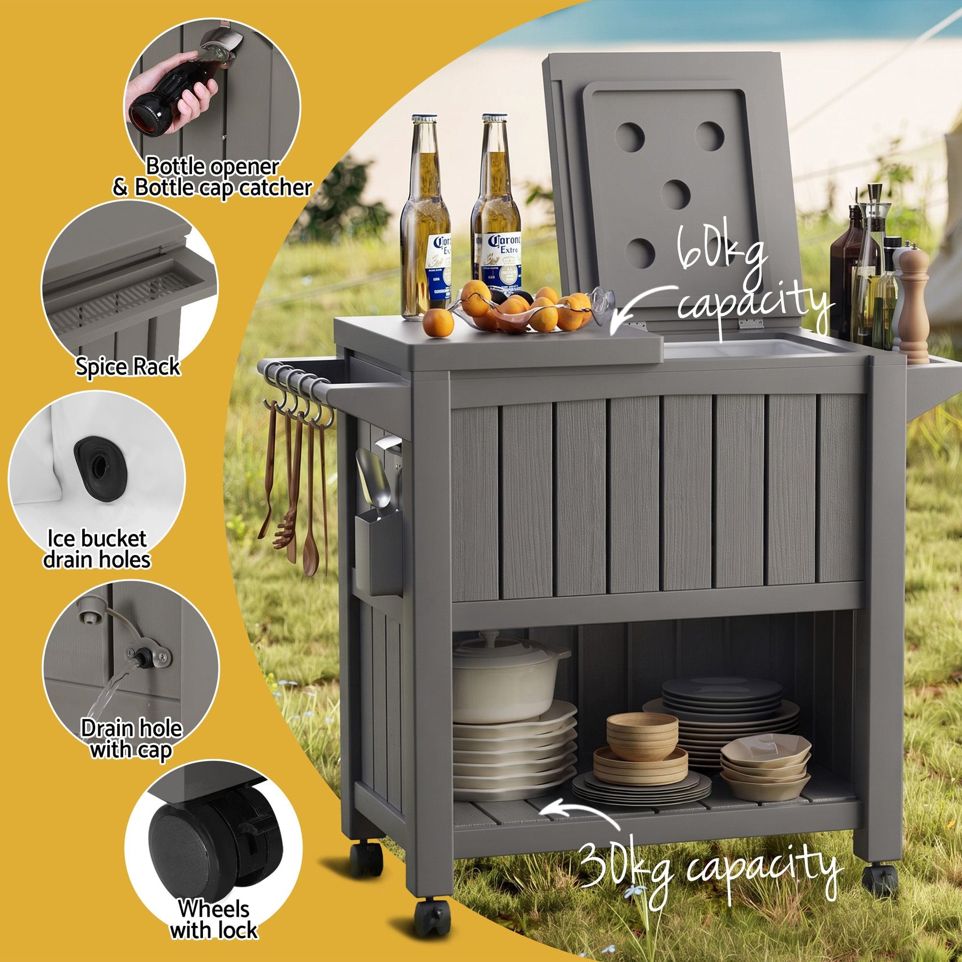 Gardeon Outdoor Storage Cabinet Box 80L Ice Bucket Cooler Rolling Serving Cart Kitchen Trolley Brown Awezingly