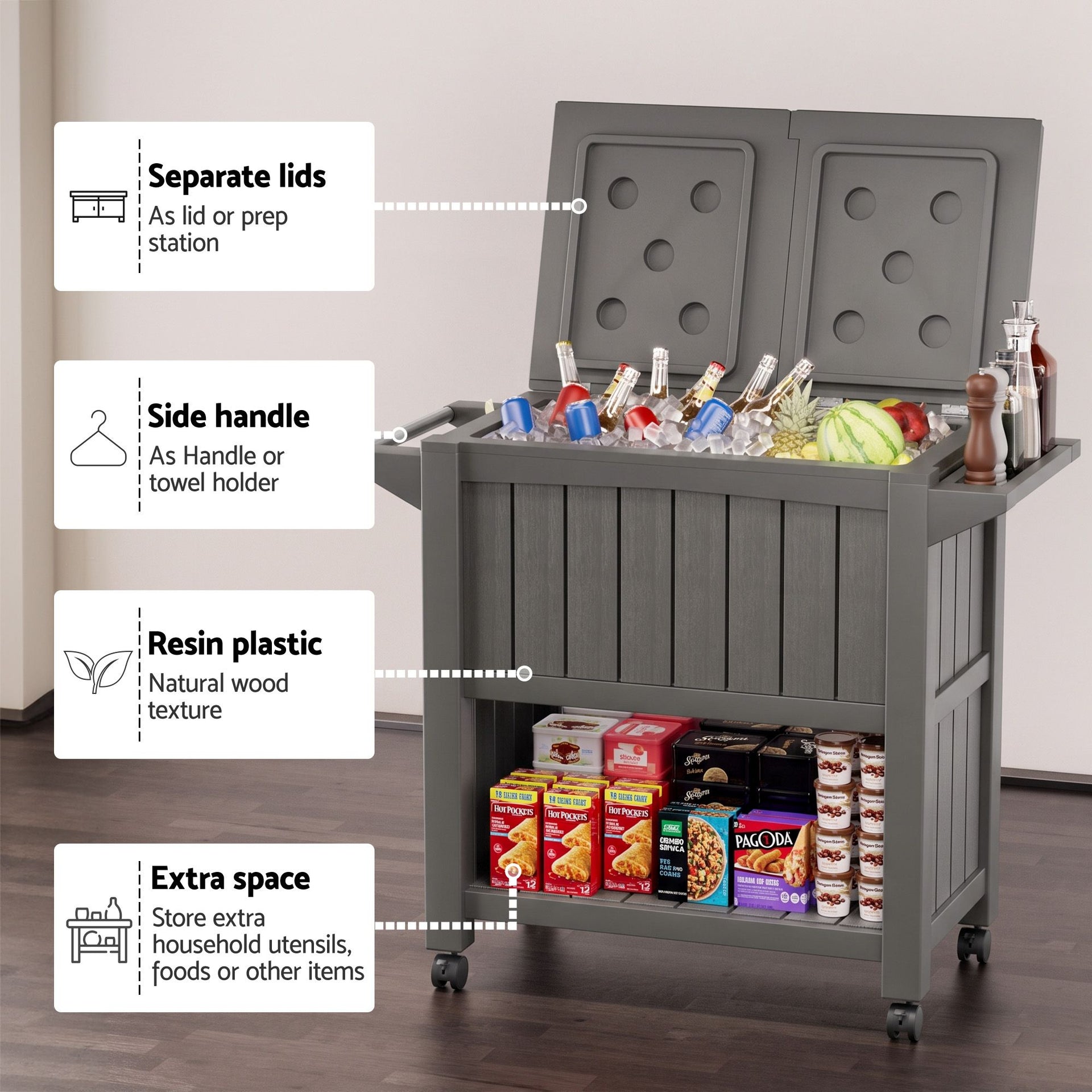 Gardeon Outdoor Storage Cabinet Box 80L Ice Bucket Cooler Rolling Serving Cart Kitchen Trolley Brown Awezingly