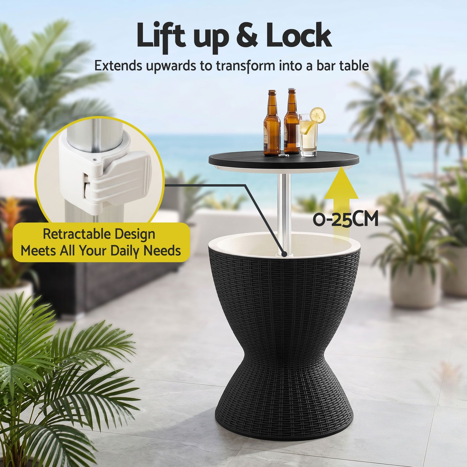 Gardeon Outdoor Bar Table Portable Ice Bucket Cooler 30L Adjustable Top Black Awezingly