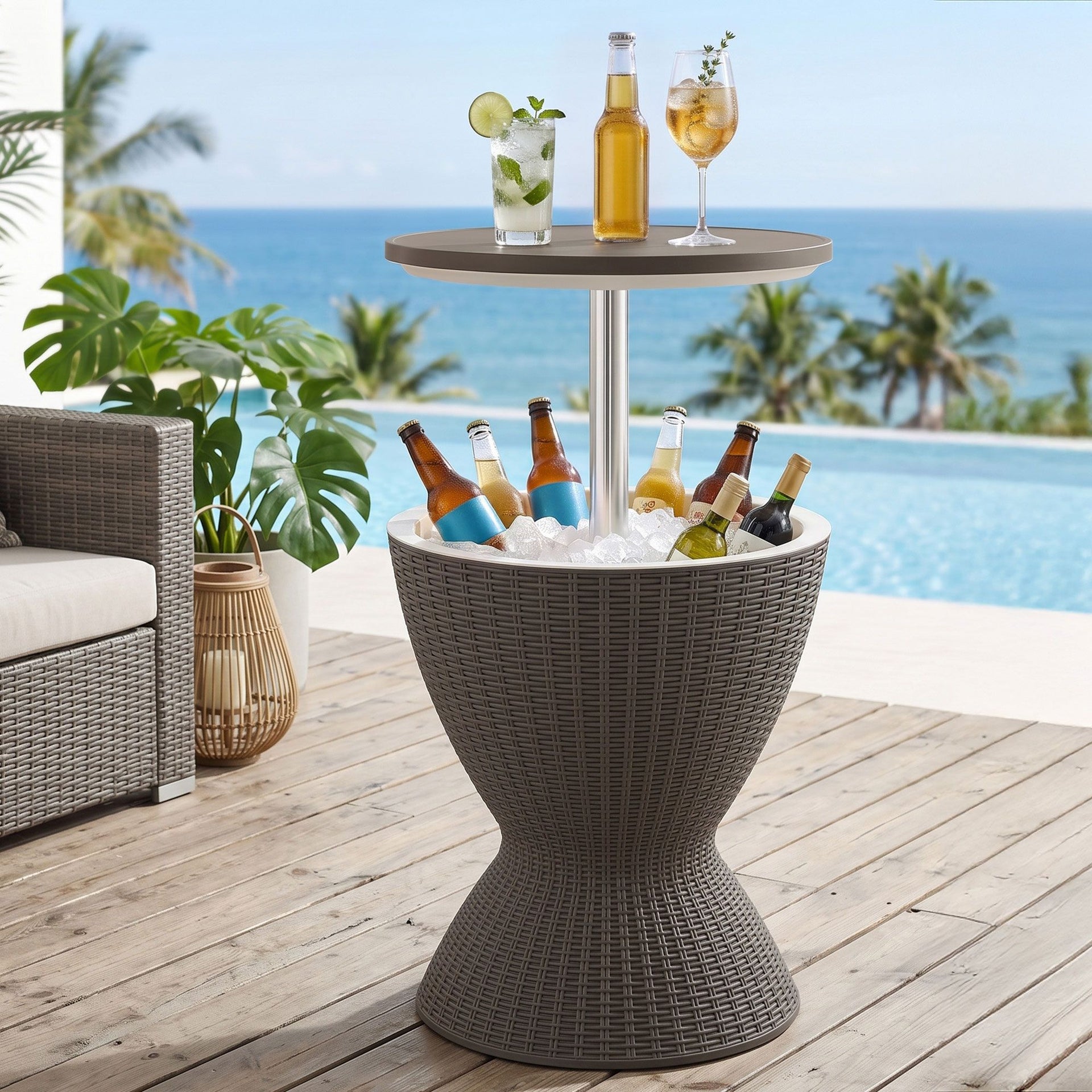Gardeon Outdoor Bar Table Portable Ice Bucket Cooler 30L Adjustable Top Brown Awezingly