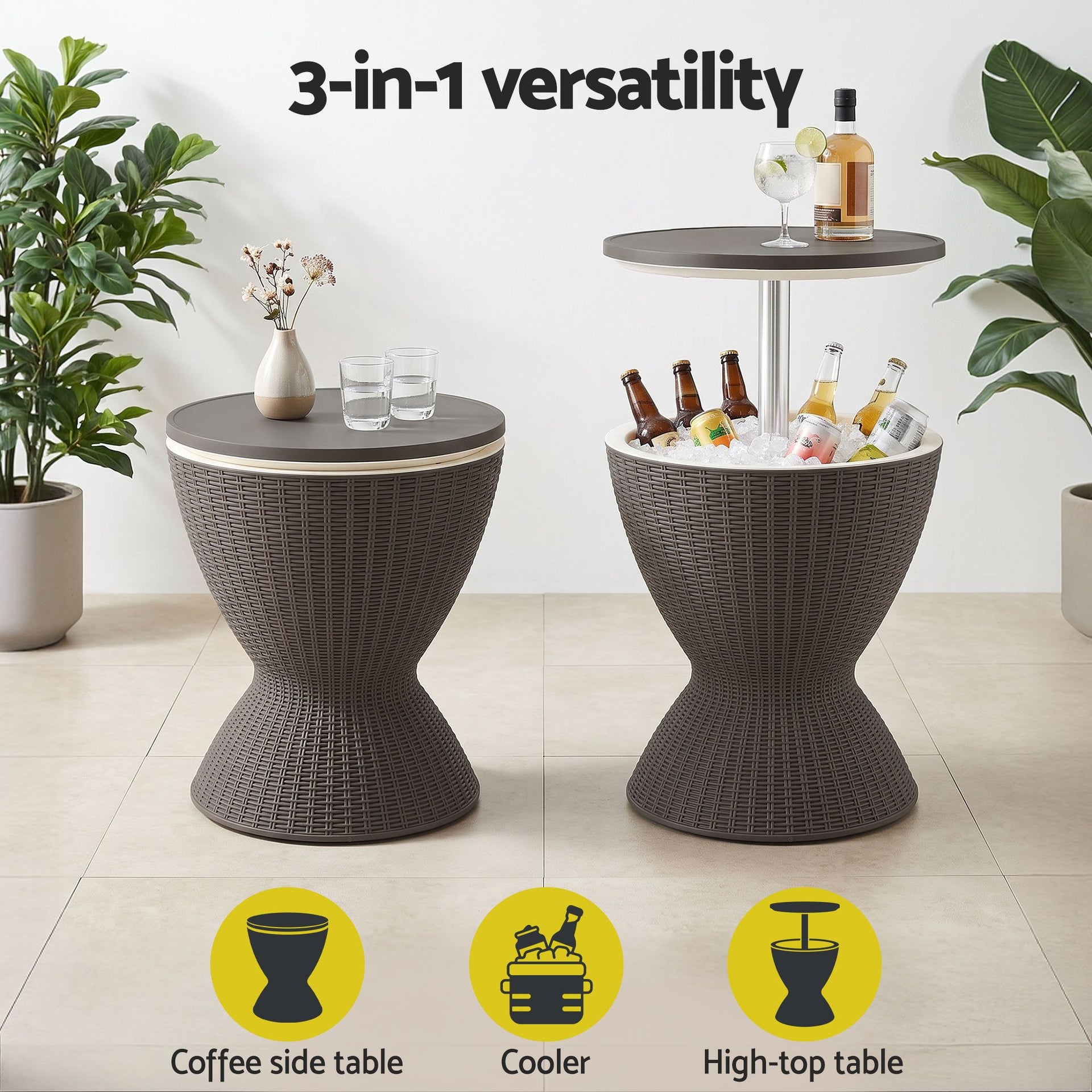 Gardeon Outdoor Bar Table Portable Ice Bucket Cooler 30L Adjustable Top Brown Awezingly