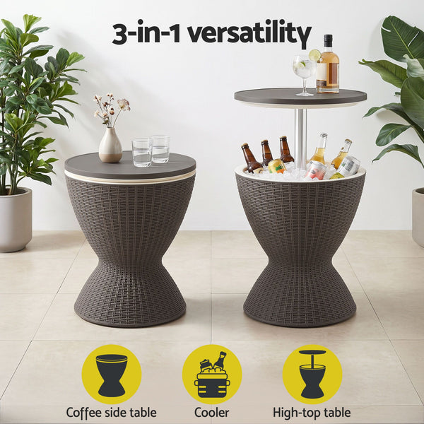 Gardeon Outdoor Bar Table Portable Ice Bucket Cooler 30L Adjustable Top Brown Awezingly