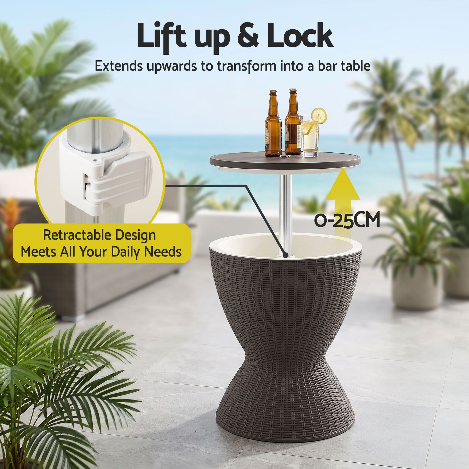 Gardeon Outdoor Bar Table Portable Ice Bucket Cooler 30L Adjustable Top Brown Awezingly