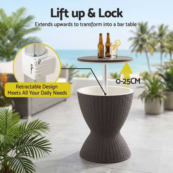 Gardeon Outdoor Bar Table Portable Ice Bucket Cooler 30L Adjustable Top Brown Awezingly