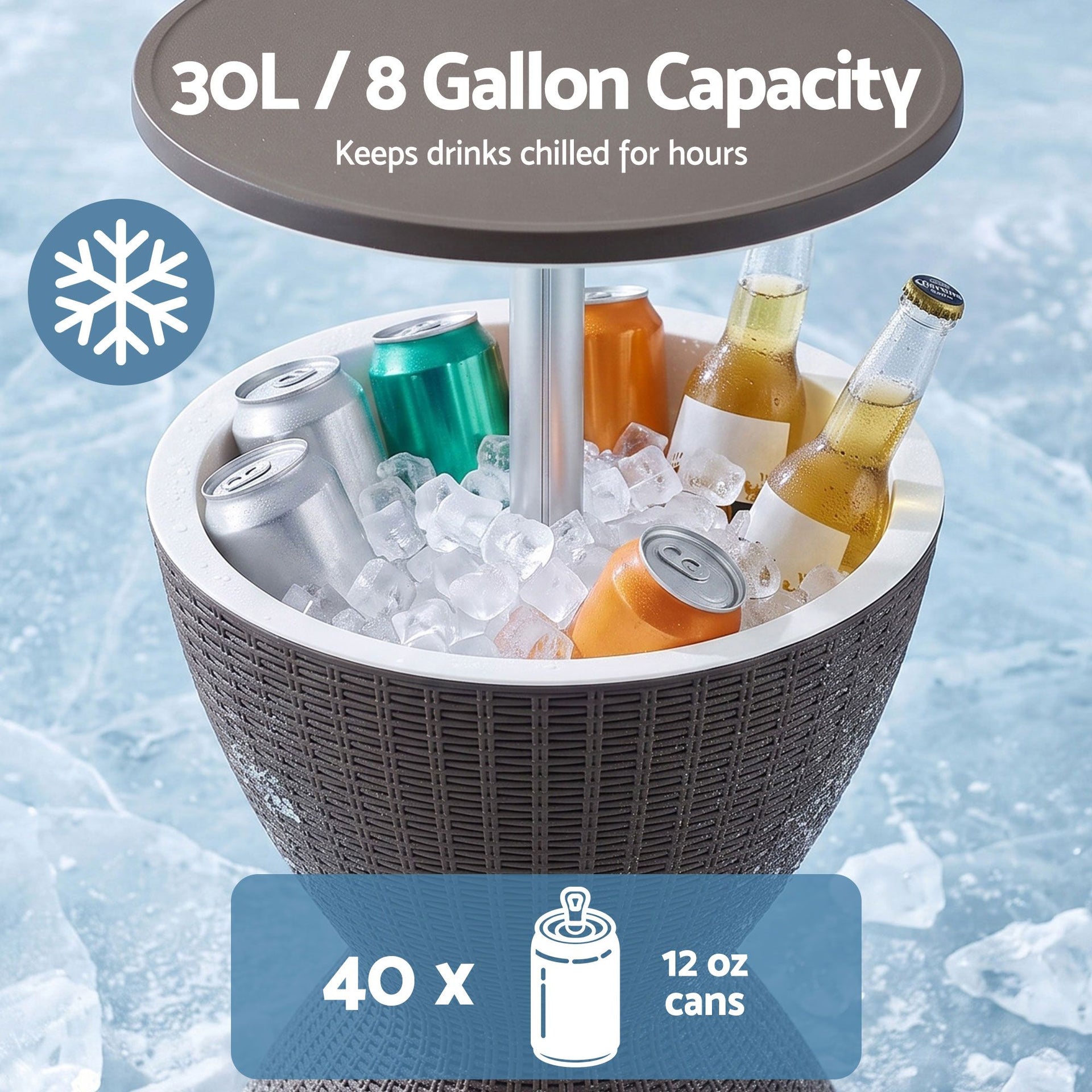 Gardeon Outdoor Bar Table Portable Ice Bucket Cooler 30L Adjustable Top Brown Awezingly