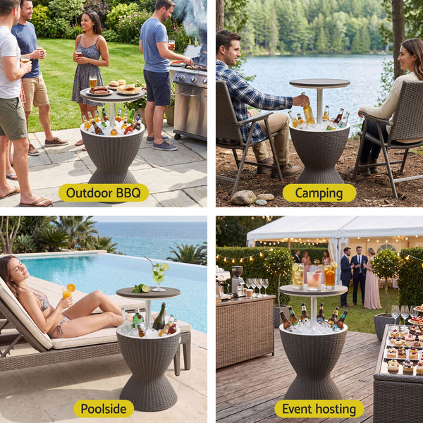 Gardeon Outdoor Bar Table Portable Ice Bucket Cooler 30L Adjustable Top Brown Awezingly