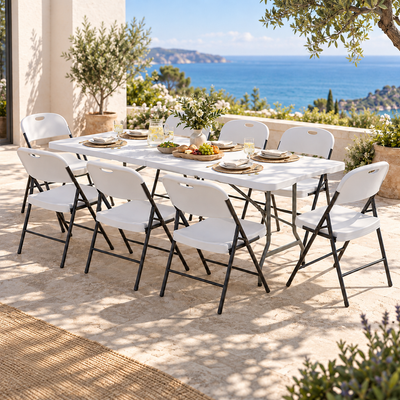 Gardeon 9PCS Outdoor Dining Set 180CM Folding Table and Chairs Patio Furniture White
