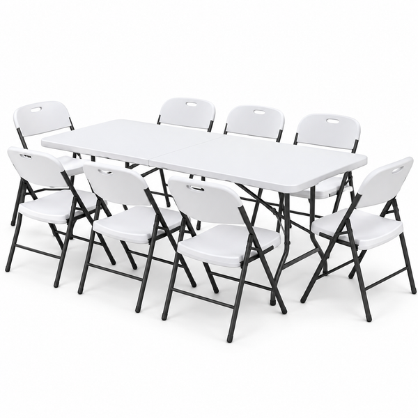Gardeon 9PCS Outdoor Dining Set 180CM Folding Table and Chairs Patio Furniture White Awezingly