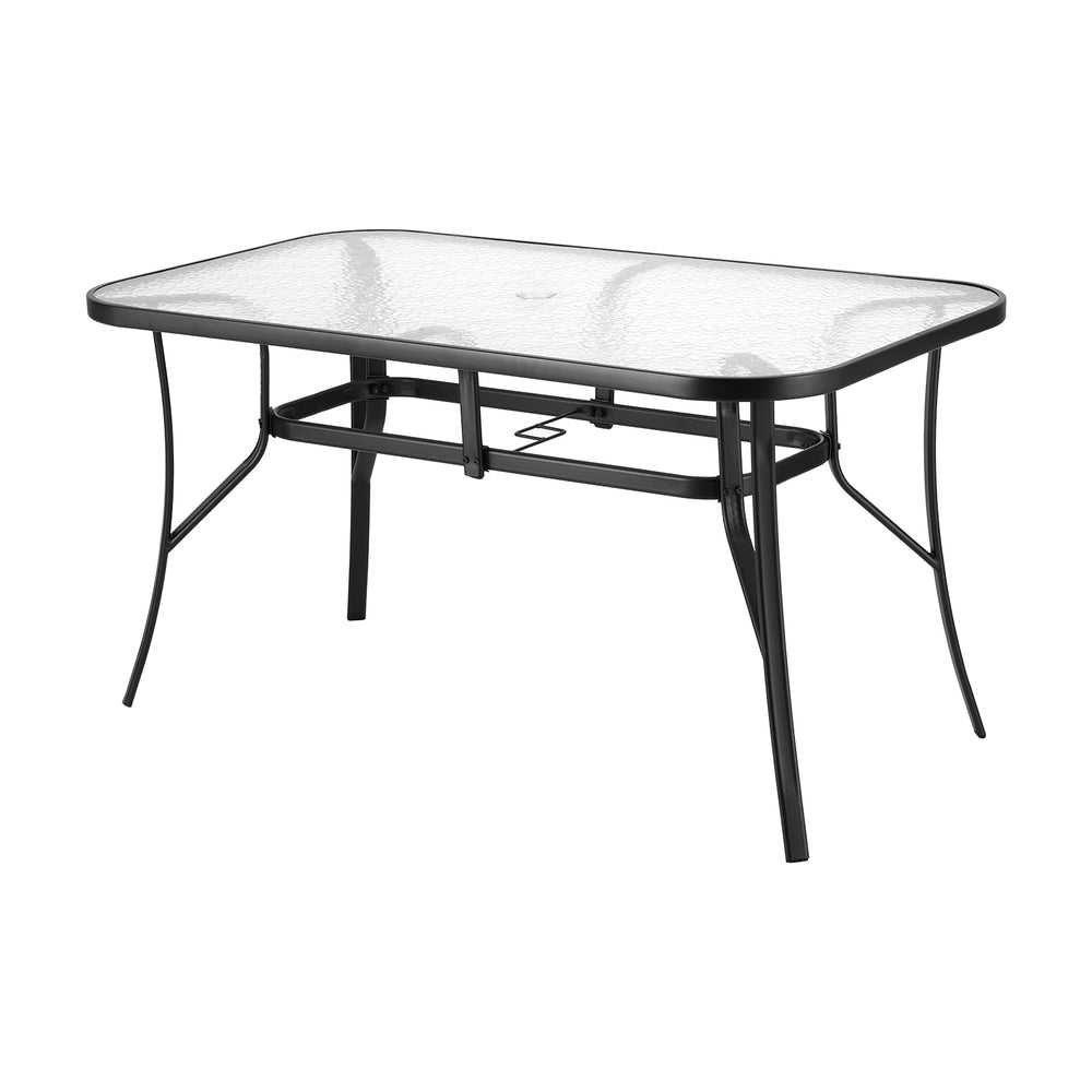 Gardeon 140CM Outdoor Dining Table Steel Frame Tempered Glass Parasol Hole Black Awezingly