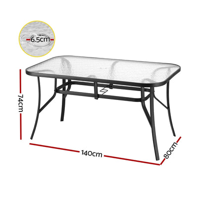Gardeon 140CM Outdoor Dining Table Steel Frame Tempered Glass Parasol Hole Black