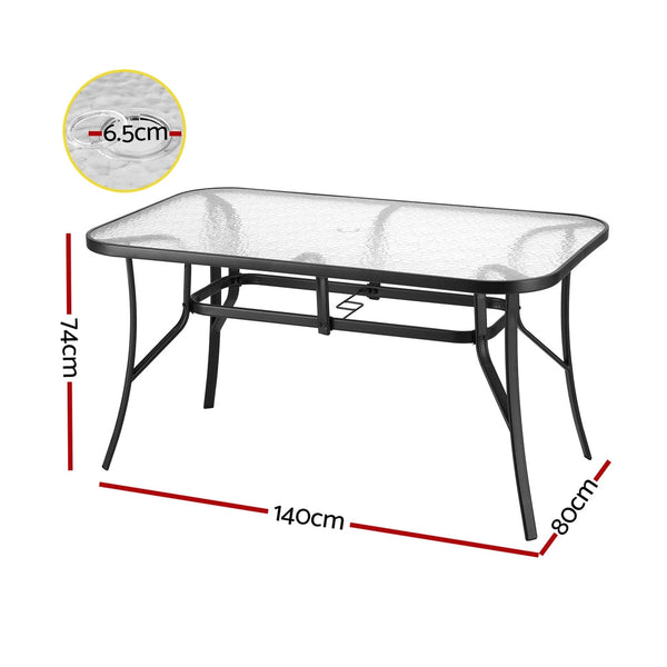 Gardeon 140CM Outdoor Dining Table Steel Frame Tempered Glass Parasol Hole Black Awezingly