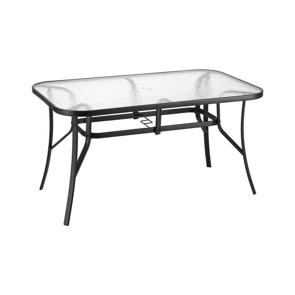 Gardeon 140CM Outdoor Dining Table Steel Frame Tempered Glass Parasol Hole Black Awezingly