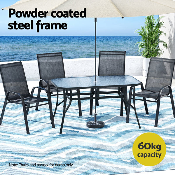 Gardeon 140CM Outdoor Dining Table Steel Frame Tempered Glass Parasol Hole Black Awezingly