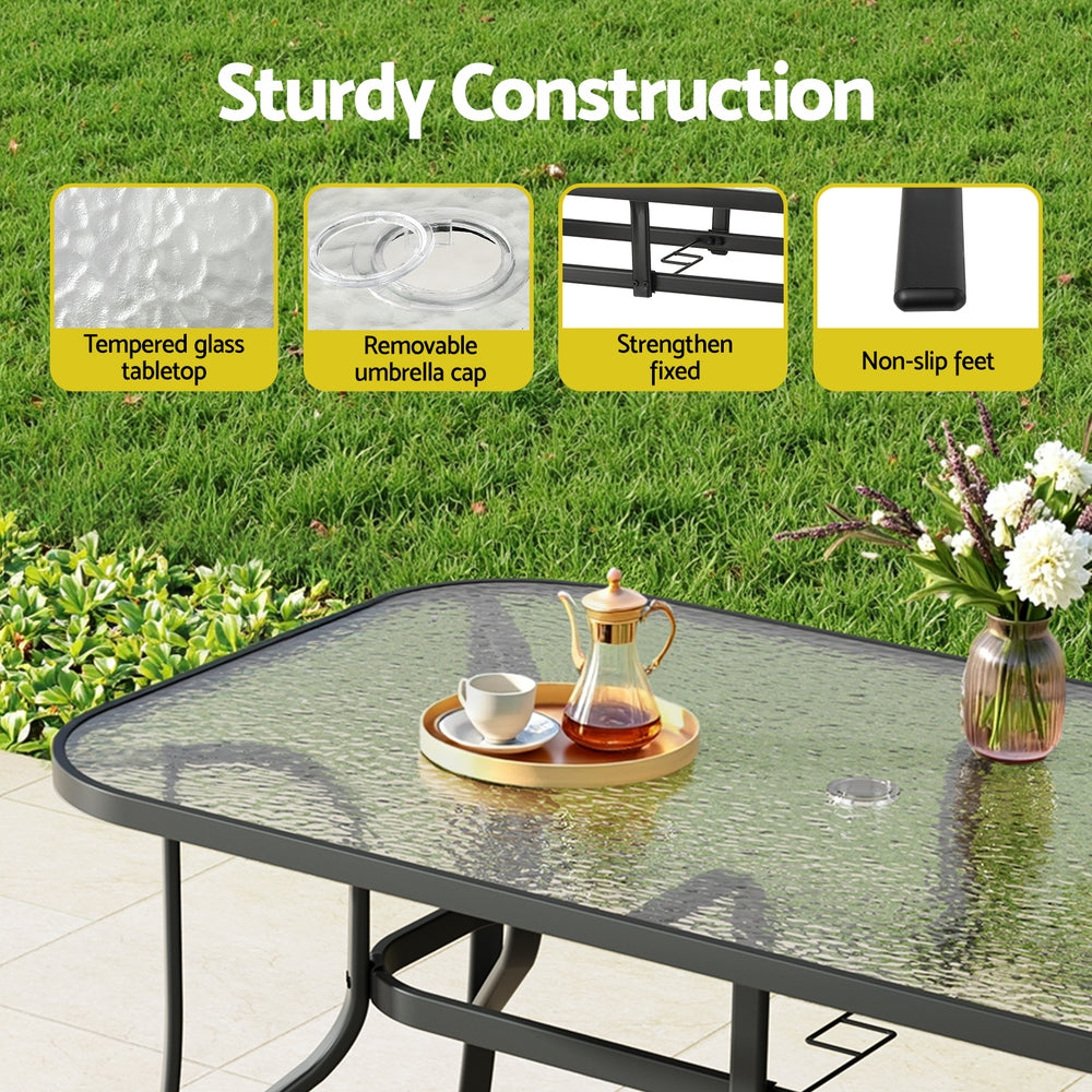 Gardeon 140CM Outdoor Dining Table Steel Frame Tempered Glass Parasol Hole Black Awezingly