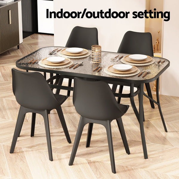 Gardeon 140CM Outdoor Dining Table Steel Frame Tempered Glass Parasol Hole Black Awezingly