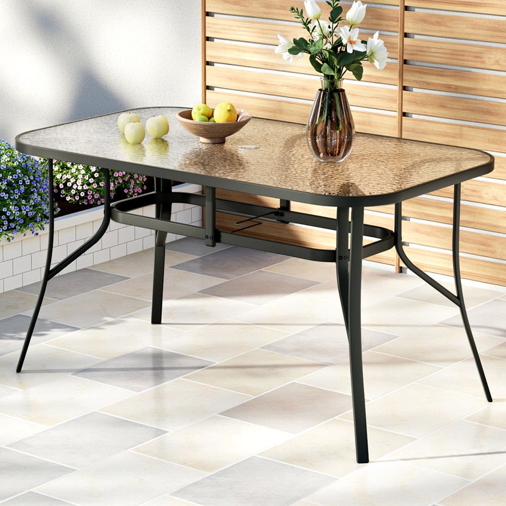 Gardeon 140CM Outdoor Dining Table Steel Frame Tempered Glass Parasol Hole Black Awezingly